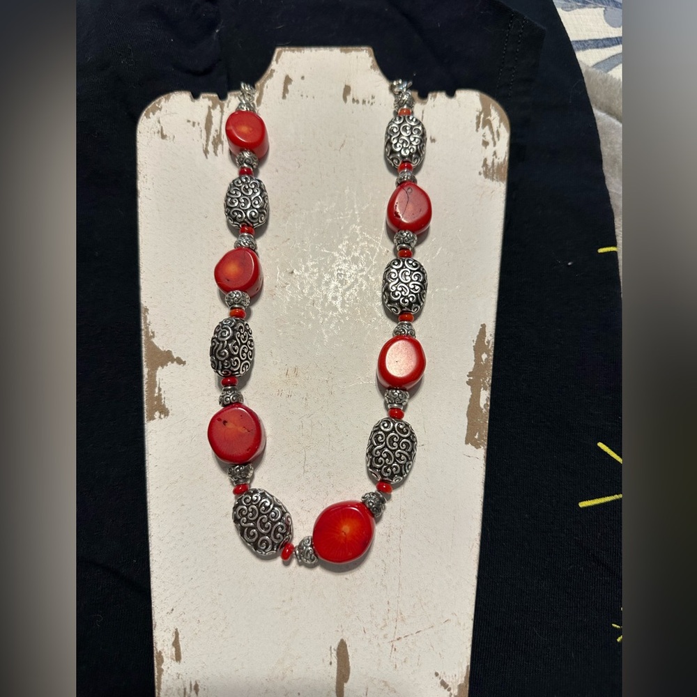 18 inch chunky, red and silver necklace